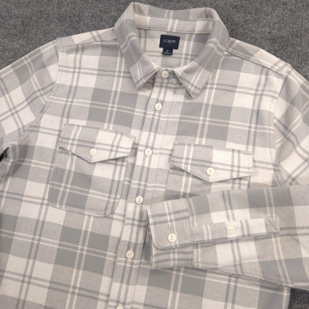 J Crew Double-Knit Work Shirt Mens Small Gray Plaid Soft Flannel Polyester Blend